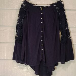 MIDNIGHT VELVET WOMENS 1X BOHO CROCHET NAVY BLUE BELL SLEEVE PEASANT GYPSY